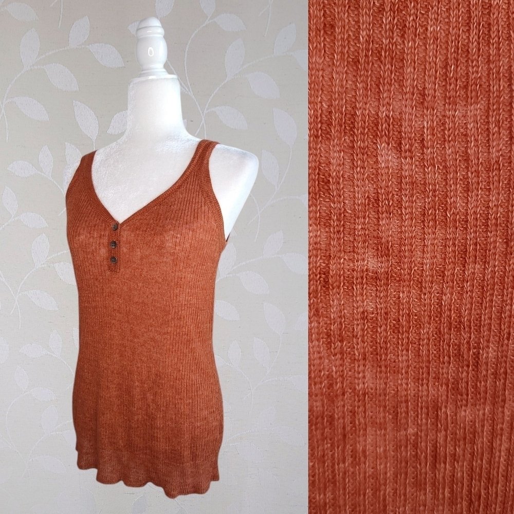 Eileen Fisher Linen Knit Henley Tank Top | Coastal Cottage Style | Rust Orange